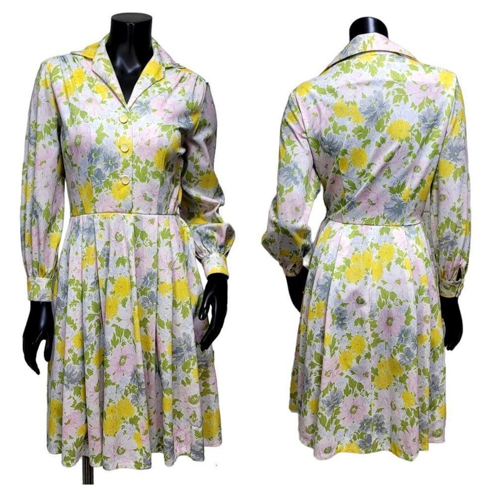 Vintage 50s 60s Pastel Floral Collared Shirt Day Dress Long Sleeve Fit and Flare